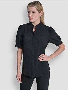 DKNY Stand Collar Button-Up Shirt Sz L Black Puff Sleeve Feminine Business C-7